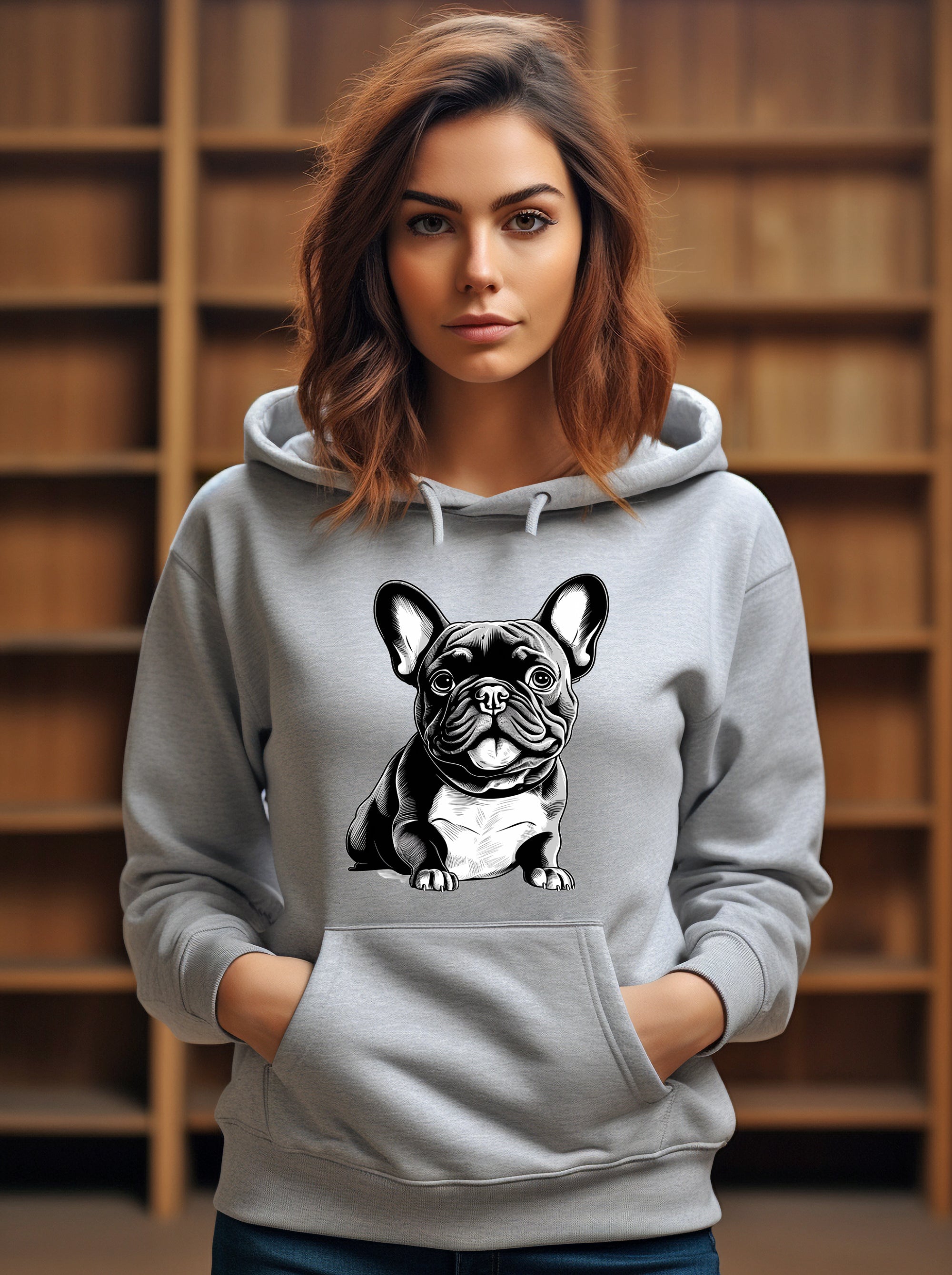 Sudadera con capucha y motivo de bulldog francés en blanco y negro