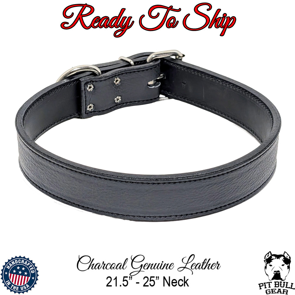 *1.5&quot; Wide Charcoal Genuine Leather Dog Collar (21.5&quot;-25&quot;) Neck