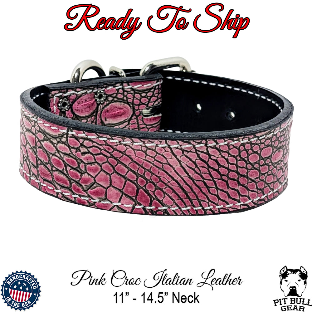 *Collar para perro de piel de cocodrilo rosa de 1,5" de ancho (cuello de 11" a 14,5")