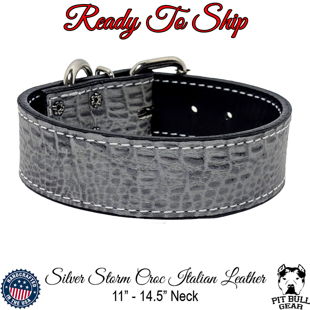 *1.5&quot; Wide Silver Storm Leather Dog Collar (11&quot;-14.5&quot;) Neck