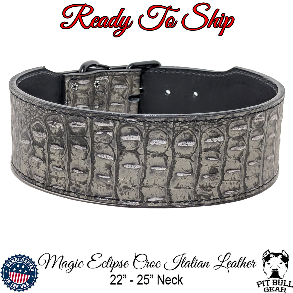 *Collar de cuero italiano para perros Magic Eclipse Croc de 2,5&quot; de ancho (cuello de 22&quot; a 25&quot;)