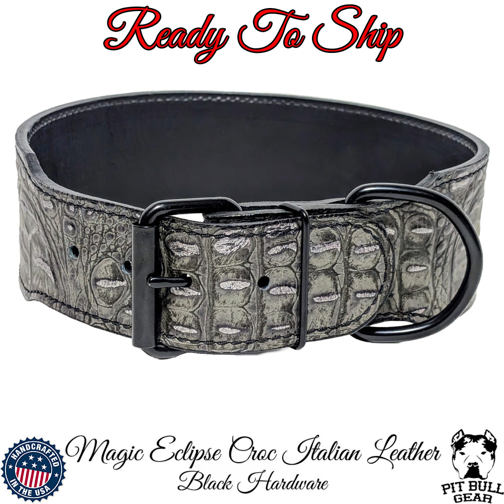 *Collar de cuero italiano para perros Magic Eclipse Croc de 2,5" de ancho (cuello de 22" a 25")