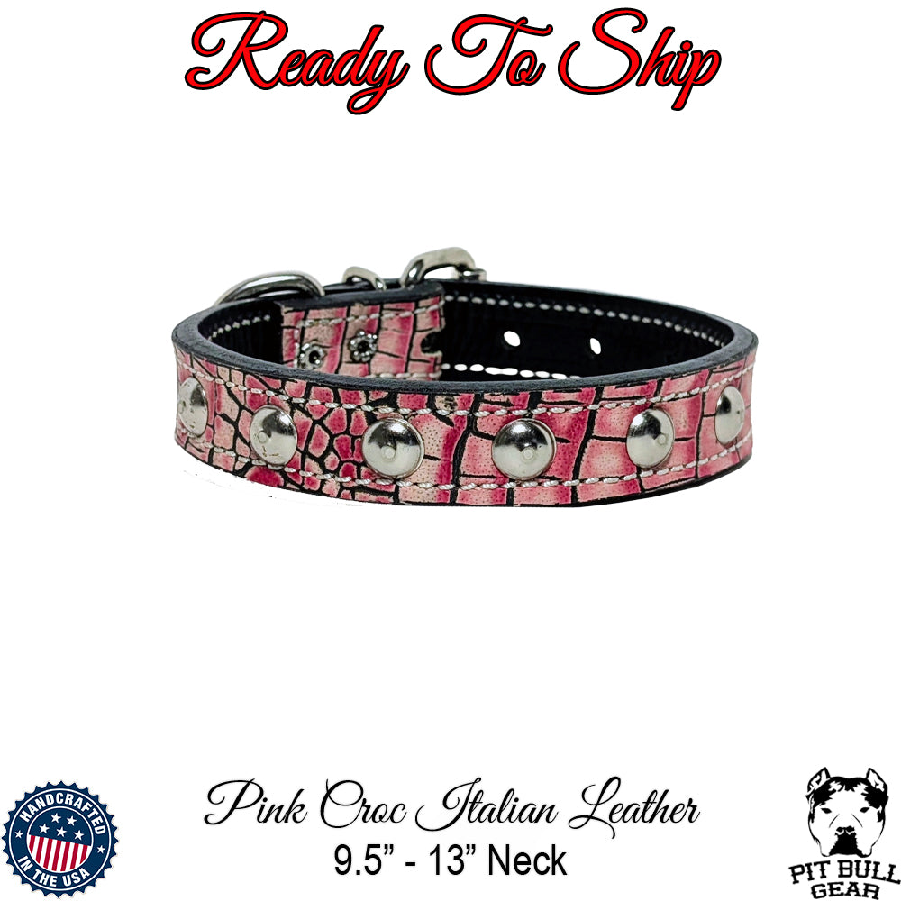 *1&quot; Wide Pink Croc Leather Studded Dog Collar (9.5&quot;-13&quot;) Neck