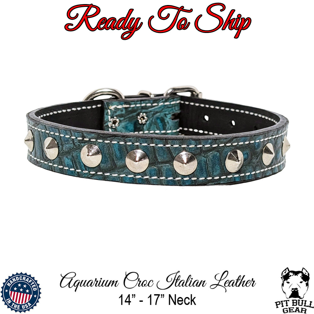 *1&quot; Wide Aquarium Croc Leather Studded Dog Collar (14&quot;-17&quot;) Neck