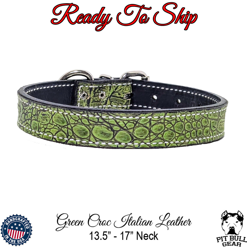 *1&quot; Wide Green Croc Leather Dog Collar (13.5&quot;-17&quot;) Neck