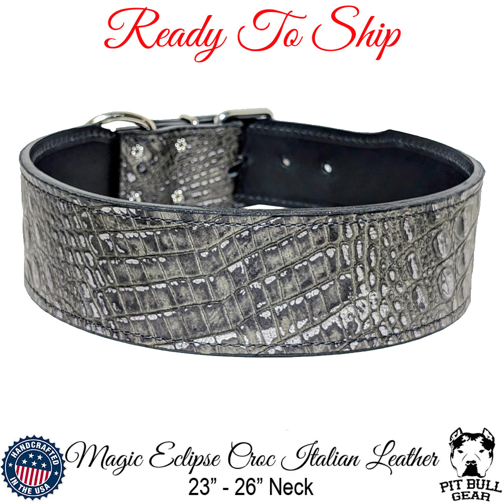 *Collar de cuero italiano para perros Magic Eclipse Croc de 2,5&quot; de ancho (cuello de 23&quot; a 26&quot;)