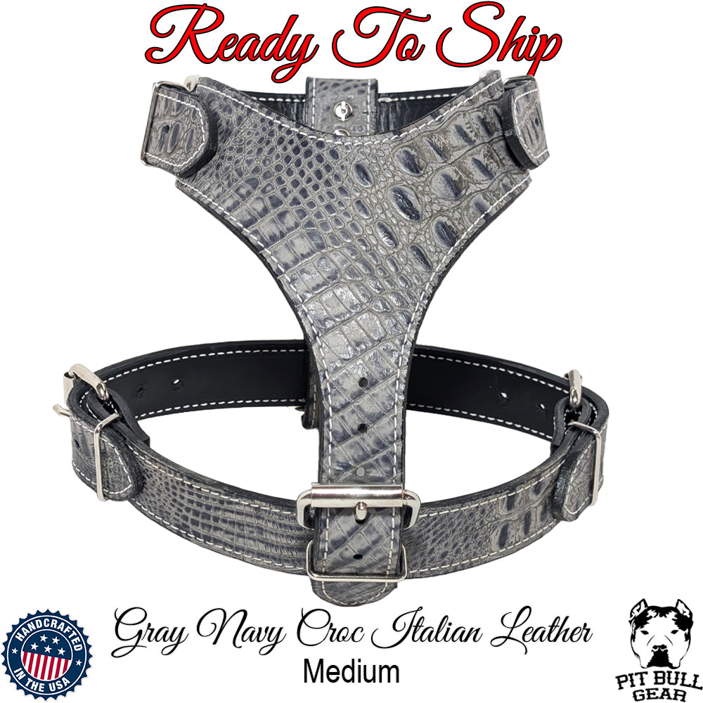 *Medium Gray Navy Croc Italian Leather Dog Harness (Medium)