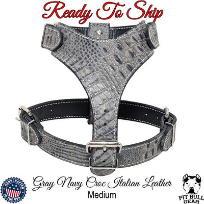 *Medium Gray Navy Croc Italian Leather Dog Harness (Medium)