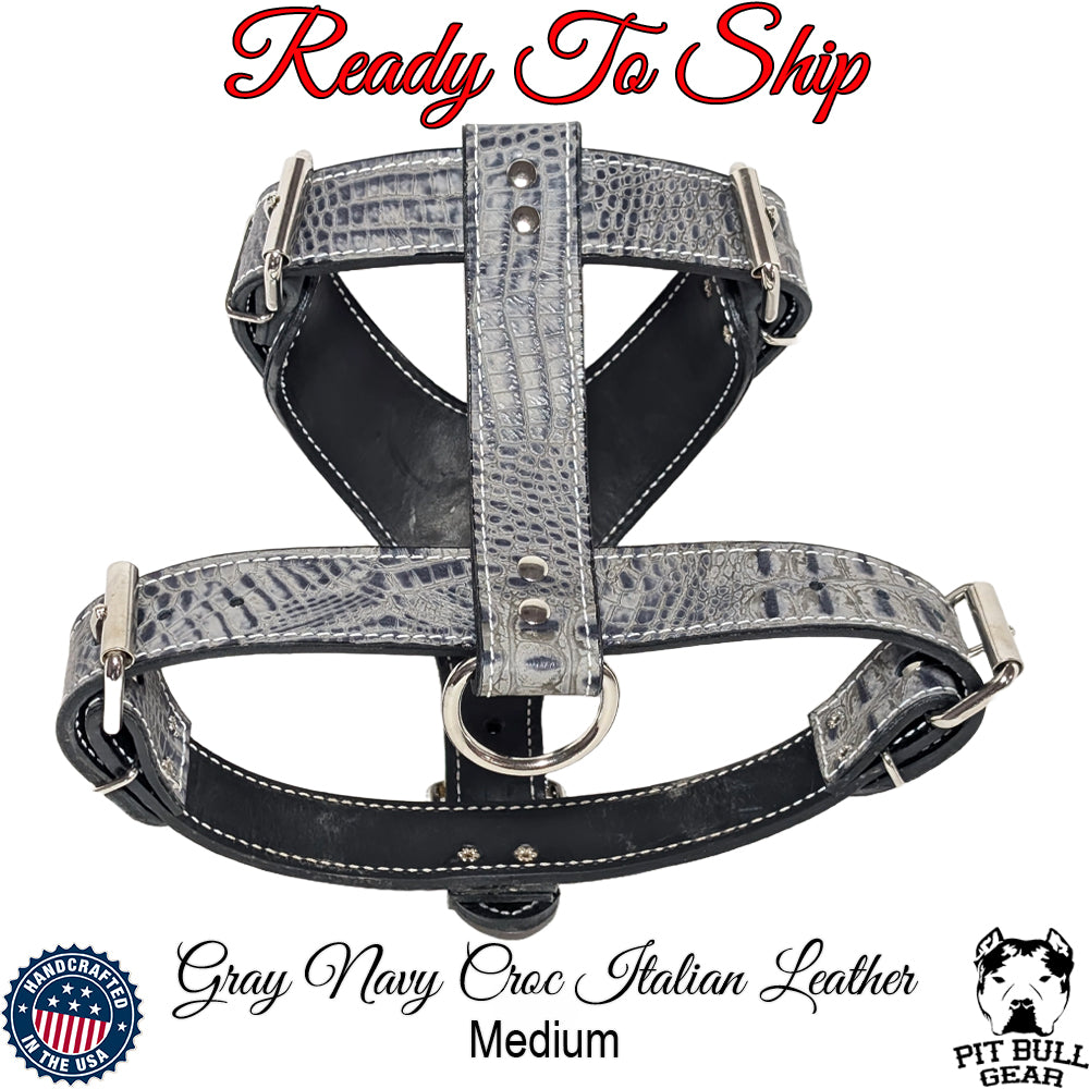 *Medium Gray Navy Croc Italian Leather Dog Harness (Medium)