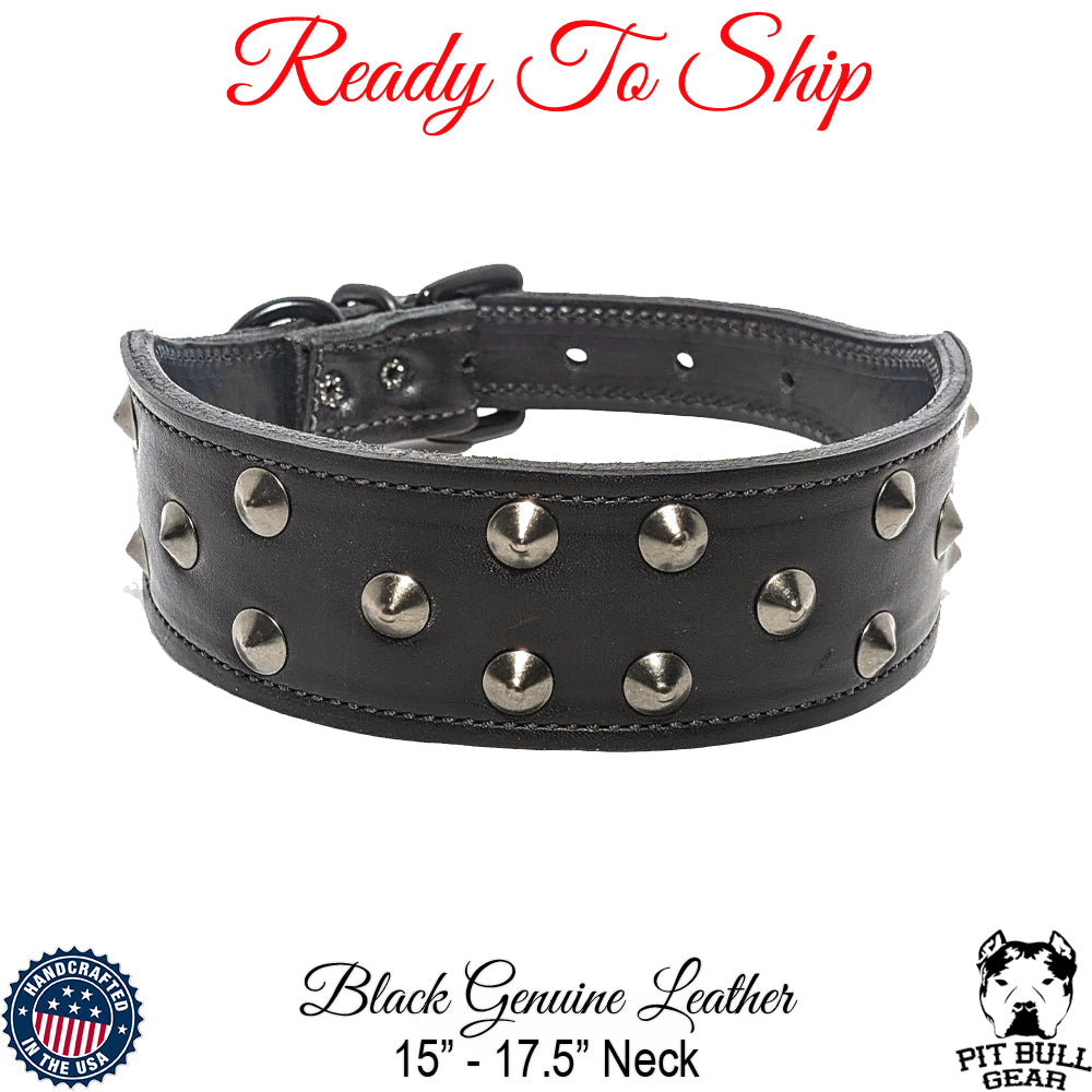 *Collar para perro de cuero genuino negro cónico de 2" de ancho con tachuelas (cuello de 15" a 17,5")