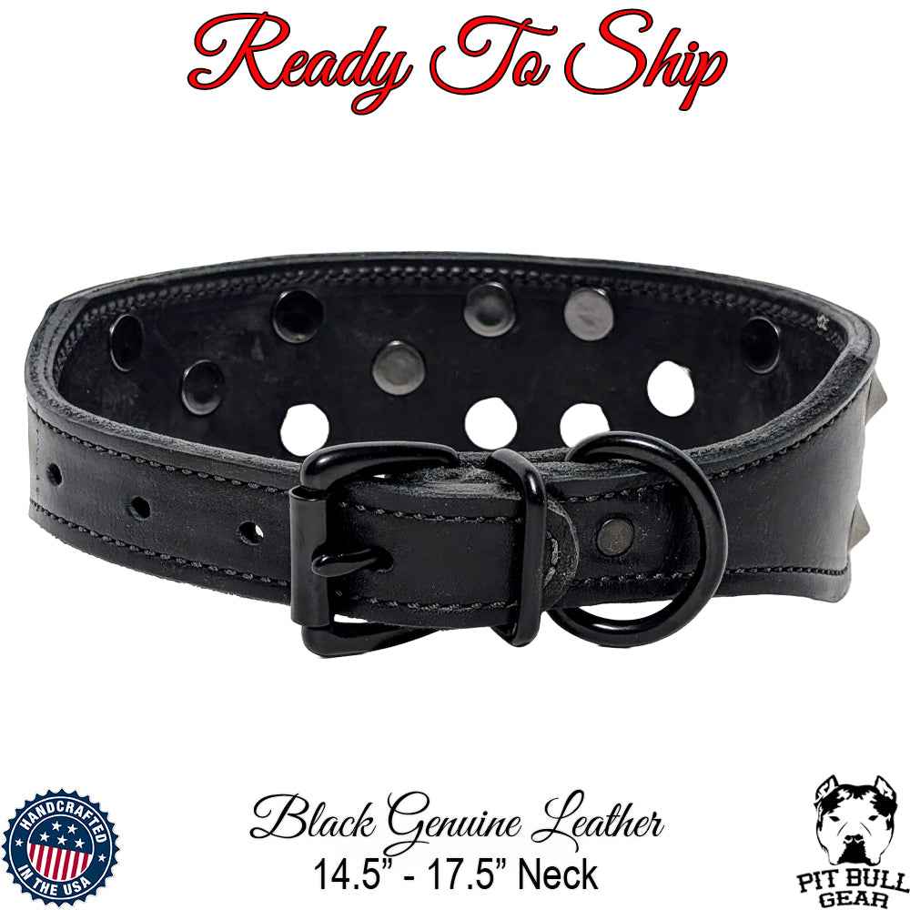 *2" Wide Tapered Black Genuine Leather Studded Dog Collar (15" - 17.5") Neck