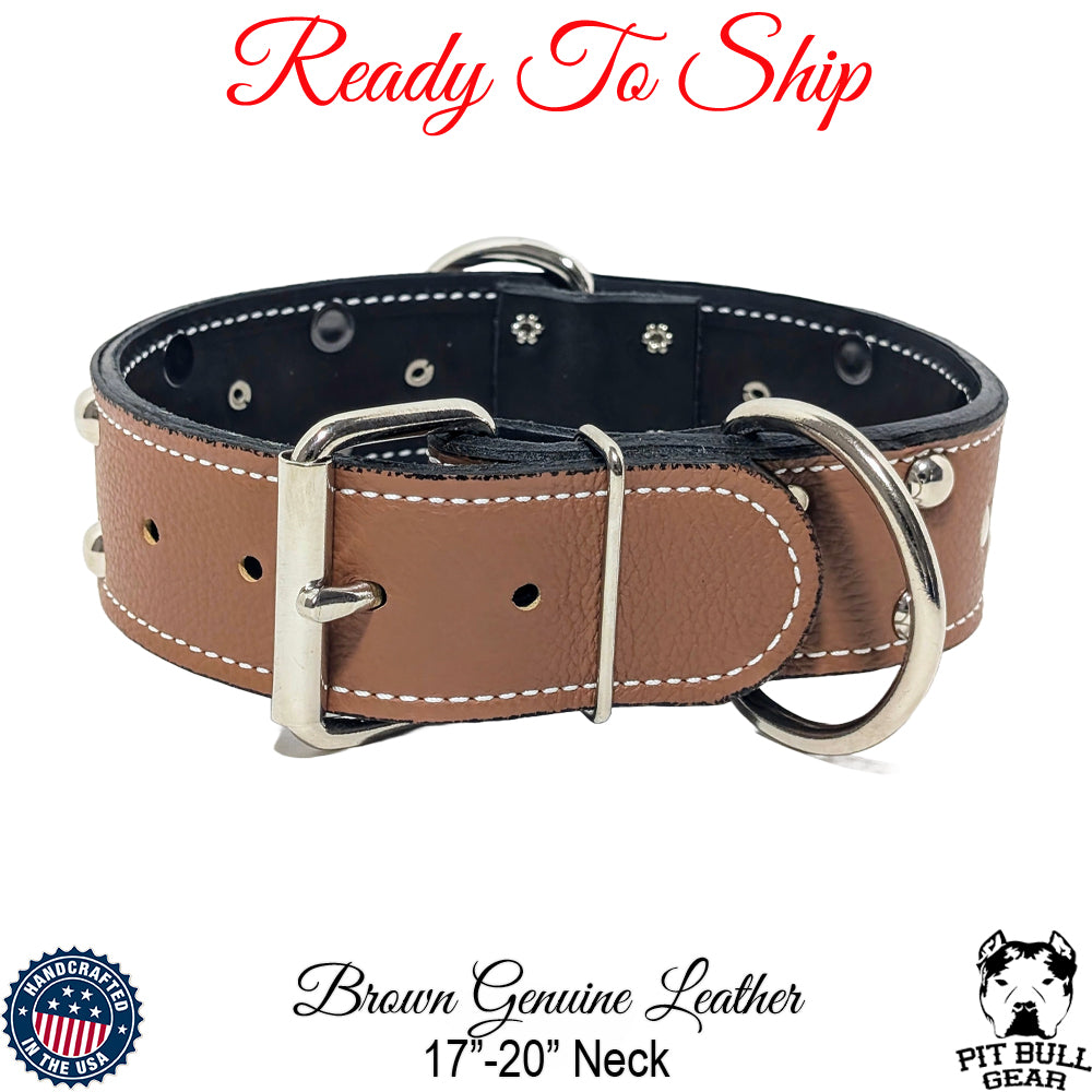 *2" Wide Brown Genuine Leather Studded Dog Collar (17" - 20") Neck