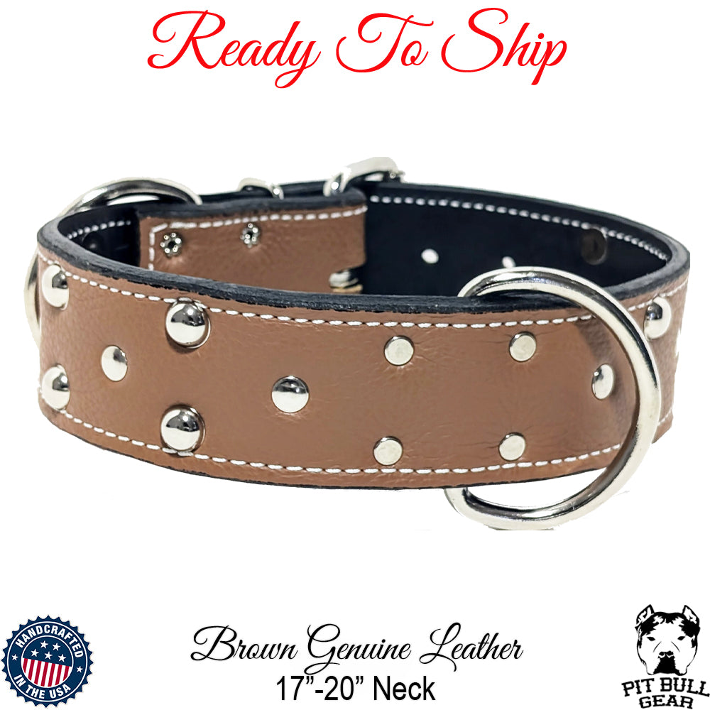 *2" Wide Brown Genuine Leather Studded Dog Collar (17" - 20") Neck