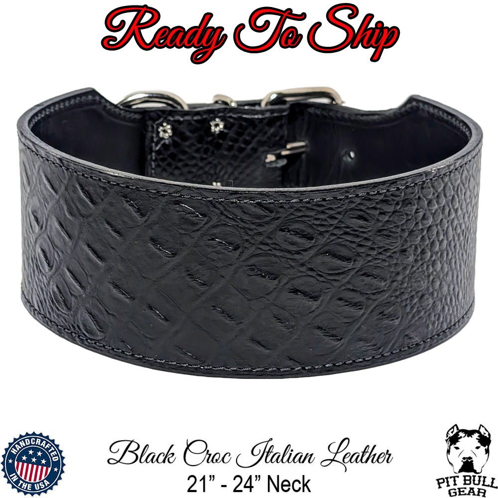 *3" Wide Black Croc Italian Leather Dog Collar (21"-24") Neck