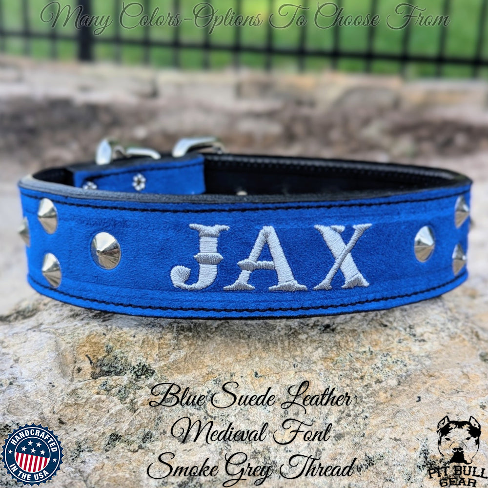 E4 - Custom Embroidered Cone Studded Leather Dog Collar - 1.5"