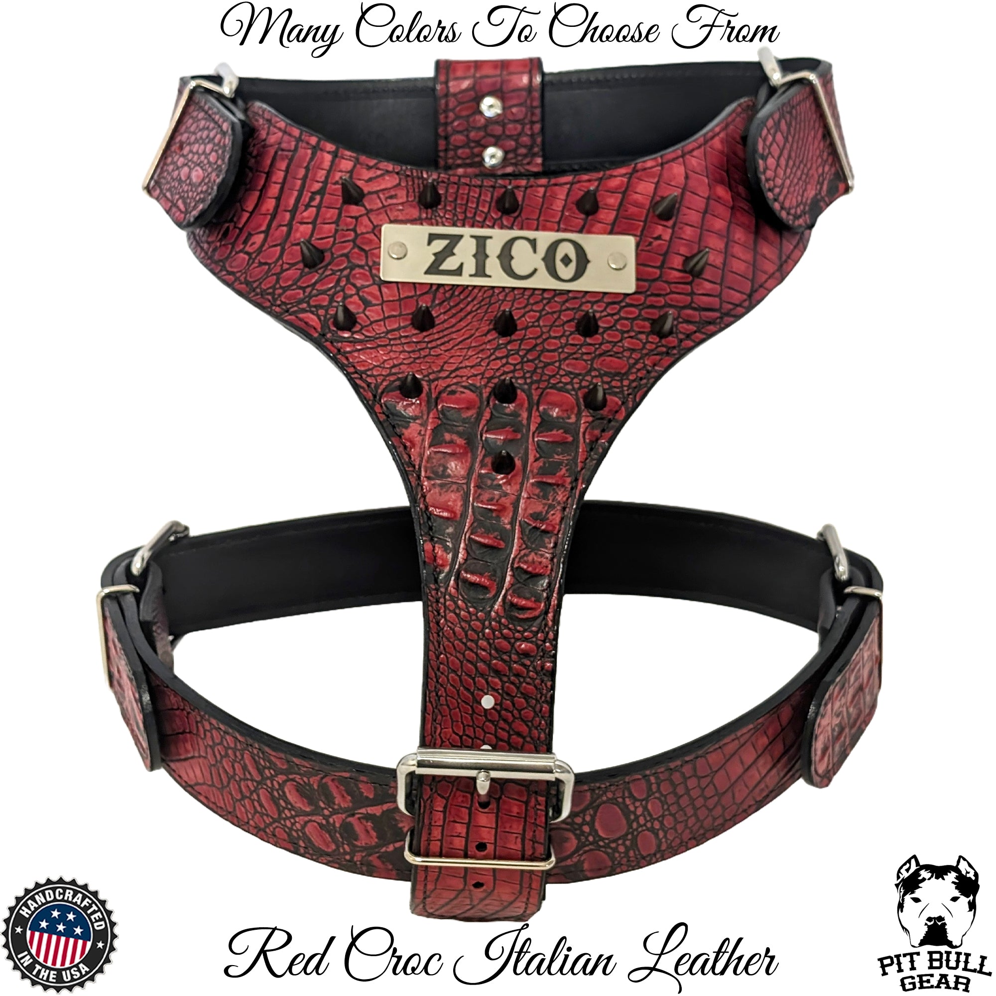 NH8 - Leather Dog Harness with Name Plate & Cone Spikes