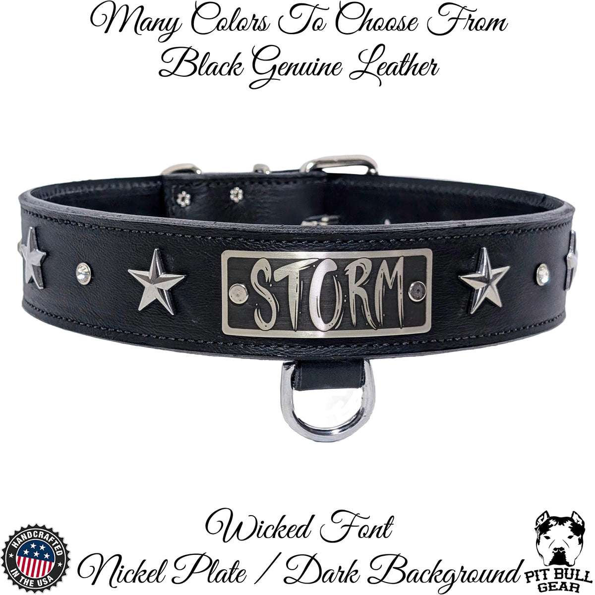 V42 - 1.5&quot; Wide Personalized Star Leather Dog Collar w/Gems