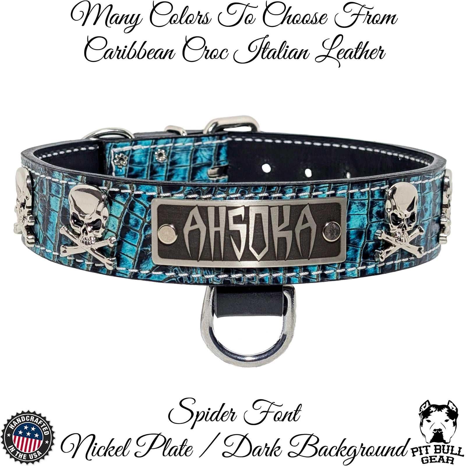 VN47 - 1.5" Wide Personalized Leather Dog Collar with Skull & Crossbones