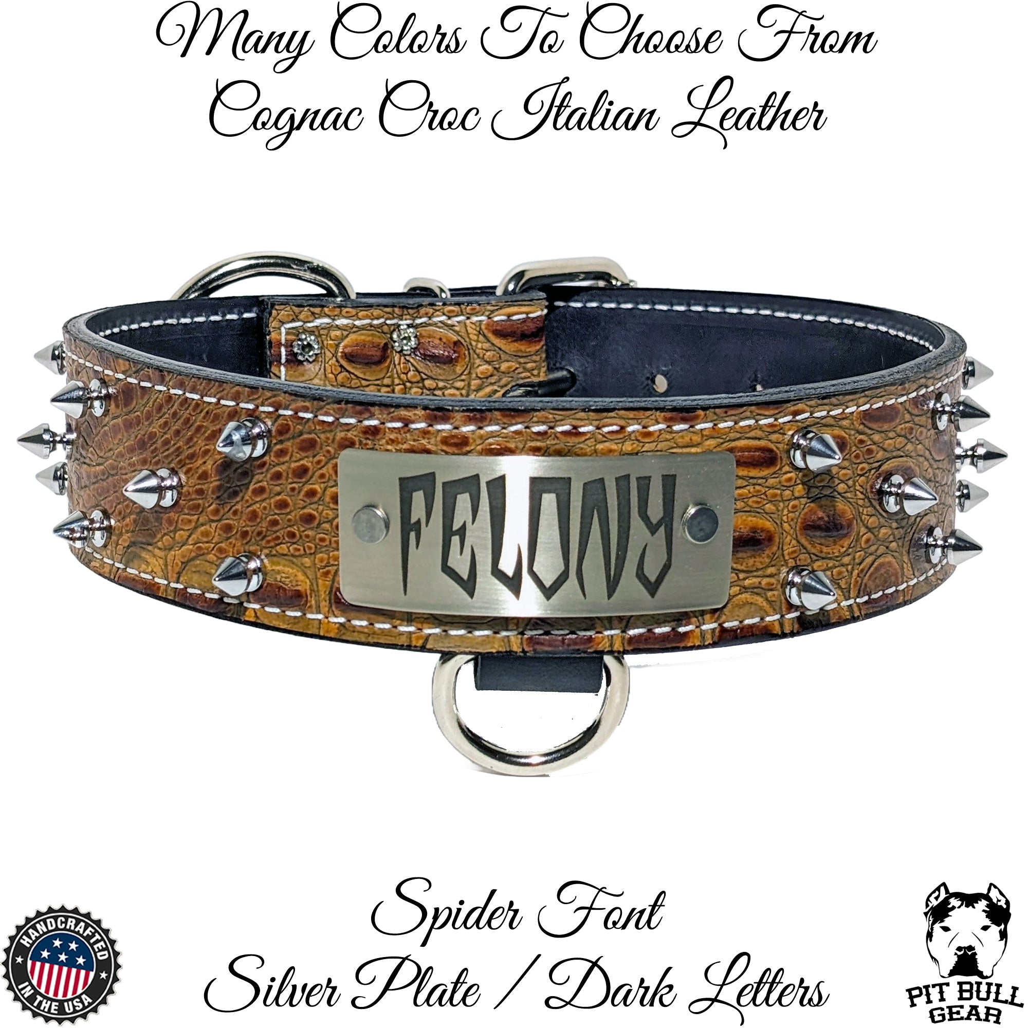 W46 - 2" Spiked Leather Dog Collar with Personalized Name Plate