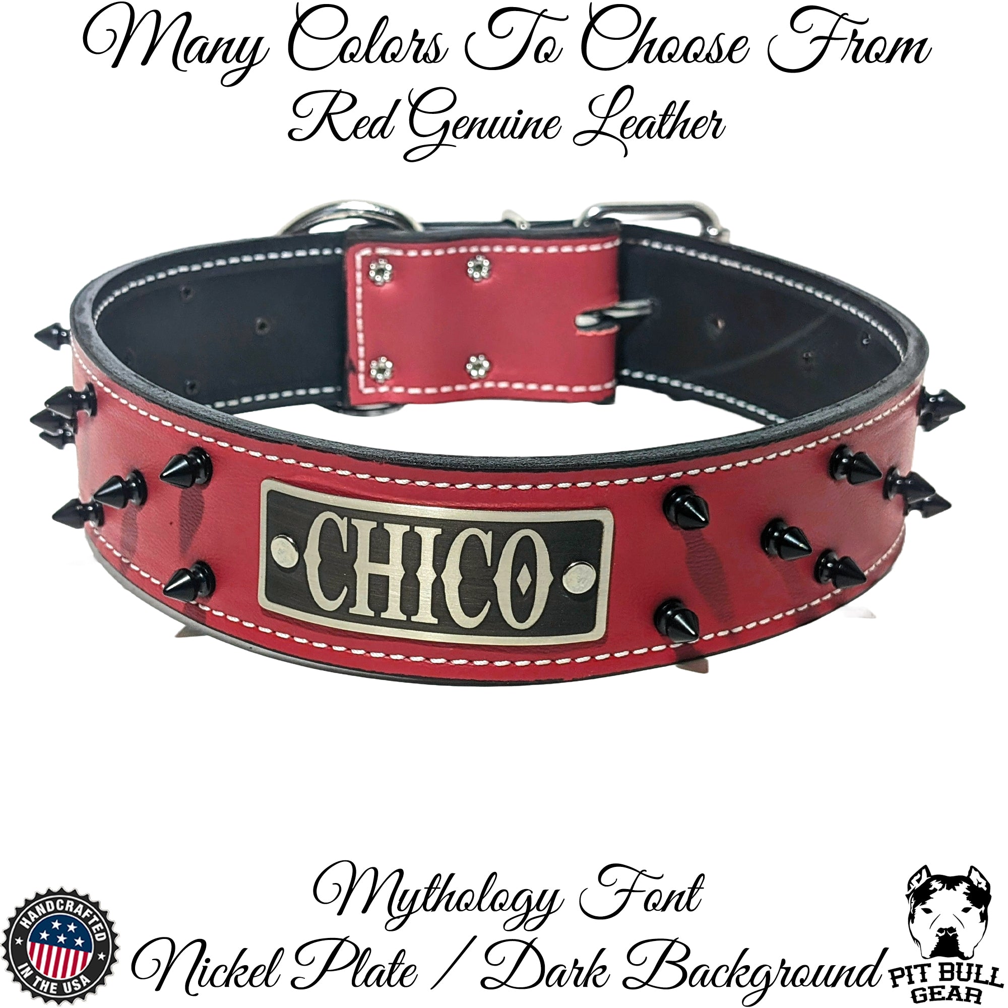 W46 - Collar para perro de cuero con pinchos de 2" con placa de identificación personalizada