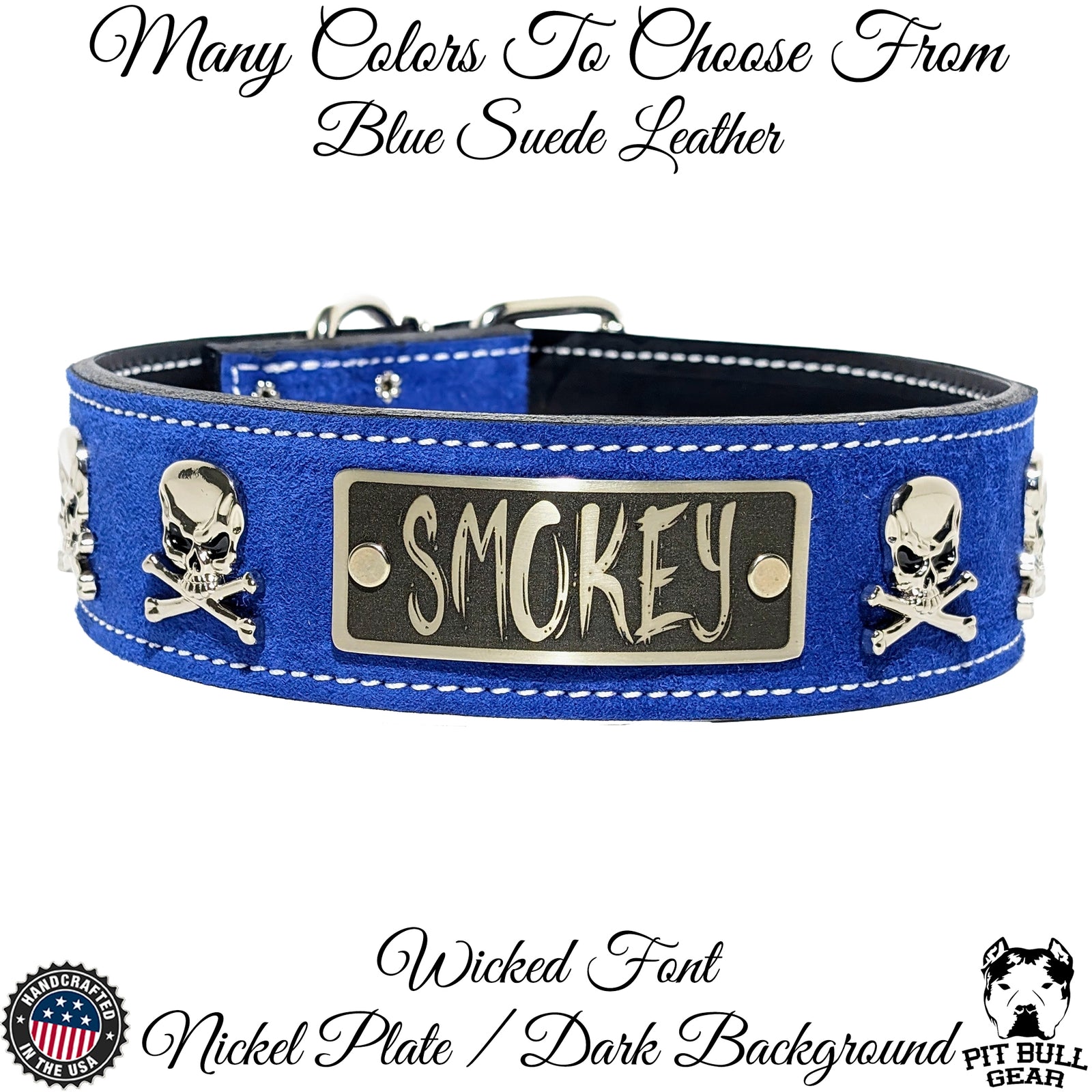 WN6 - 2" Wide Leather Dog Collar with Name Plate, Skulls & Crossbones