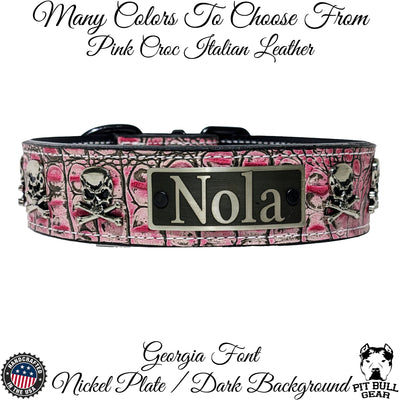 WN6 - 2" Wide Leather Collar with Personalized Name Plate Leather, Skulls & Crossbones