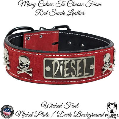 WN6 - 2" Wide Leather Dog Collar with Name Plate, Skulls & Crossbones