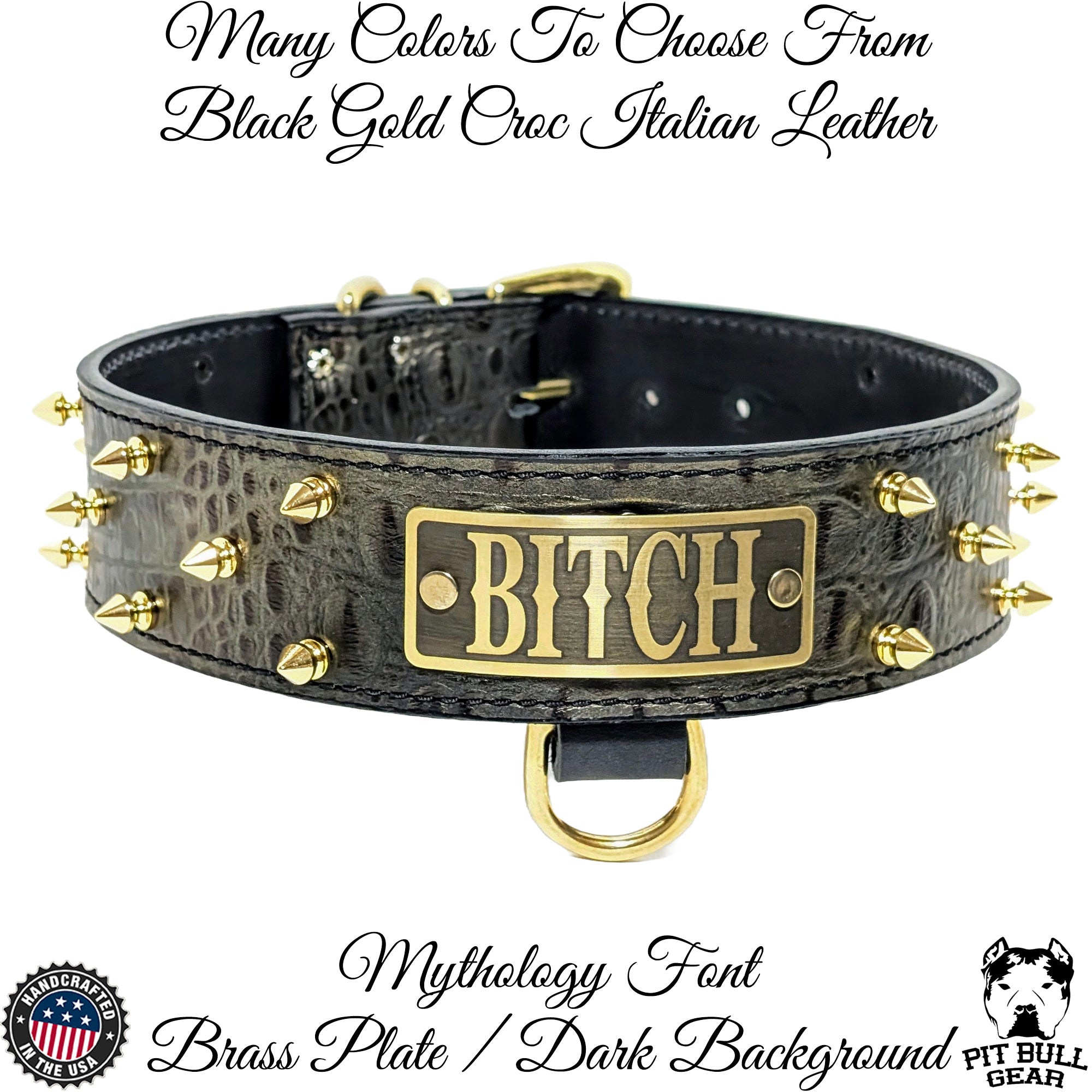 W46 - 2" Spiked Leather Dog Collar with Personalized Name Plate