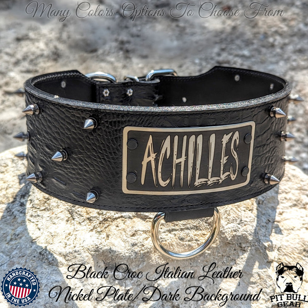 NX1 - Personalized Name Plate Spiked Leather Dog Collar - 3" Wide