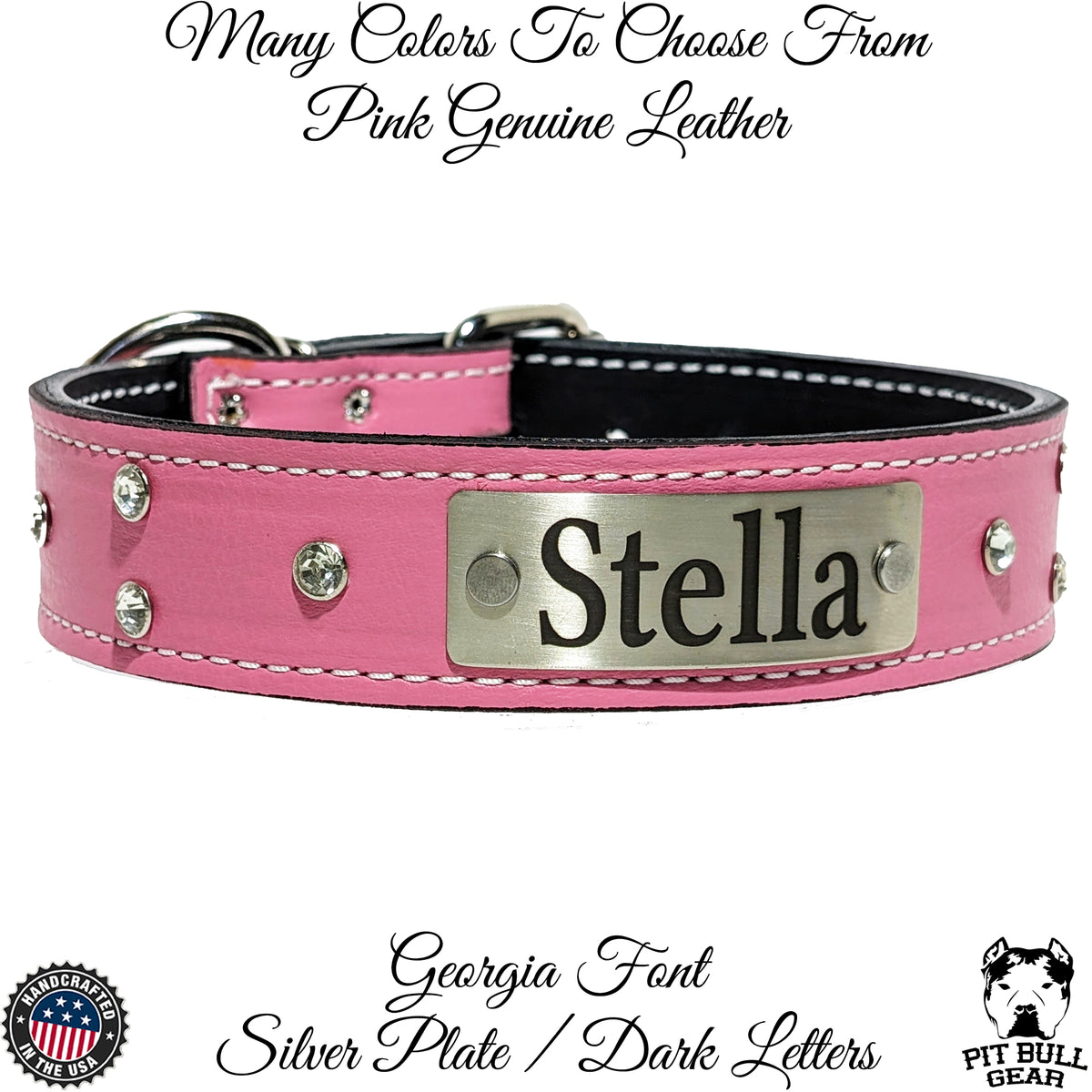 N11 - 1.5&quot; Wide Leather Dog Collar with Name Plate &amp; Gems