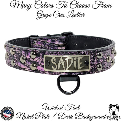 N13 - 1.5" Wide Leather Dog Collar, Personalized Name Dome Studded