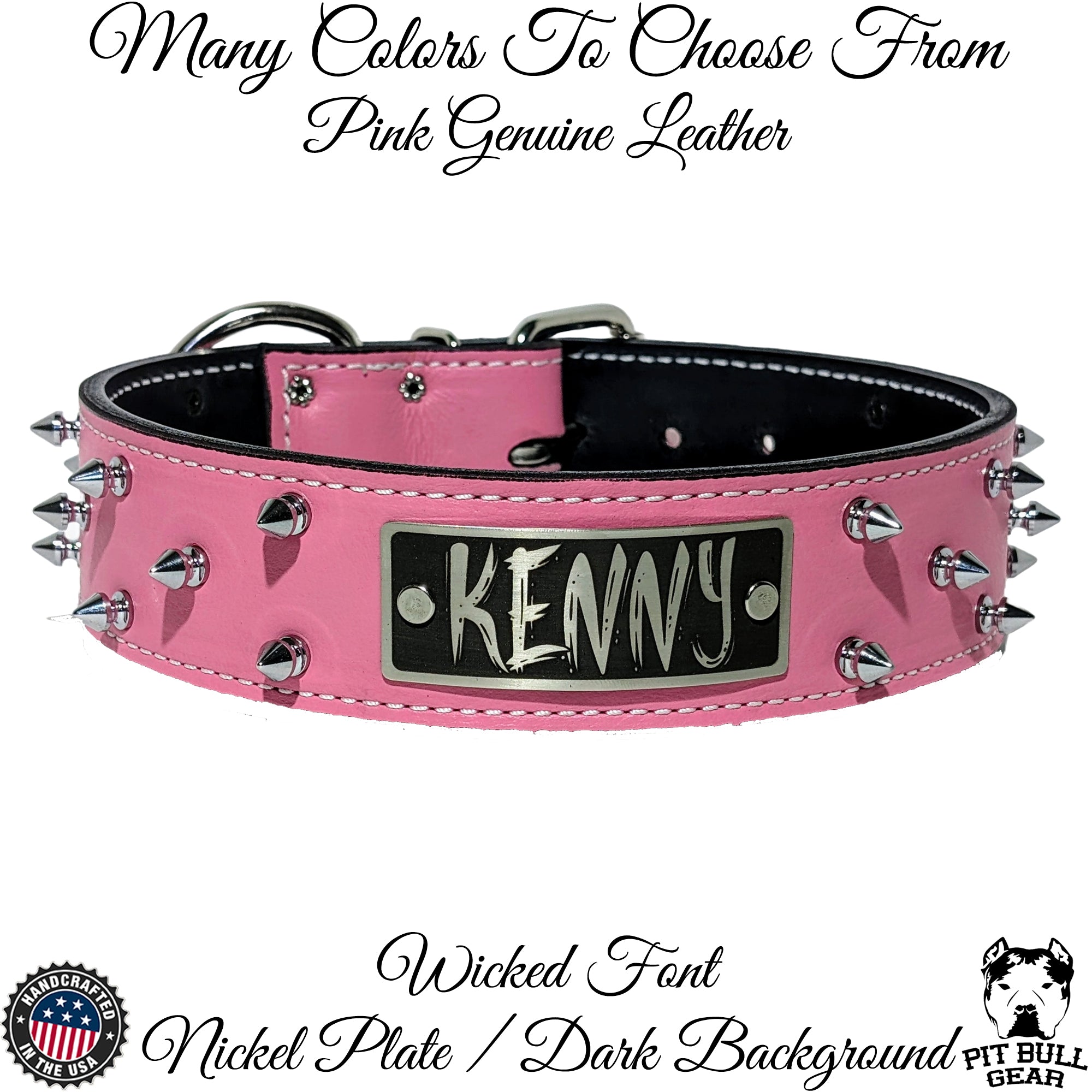 W46 - Collar para perro de cuero con pinchos de 2" con placa de identificación personalizada