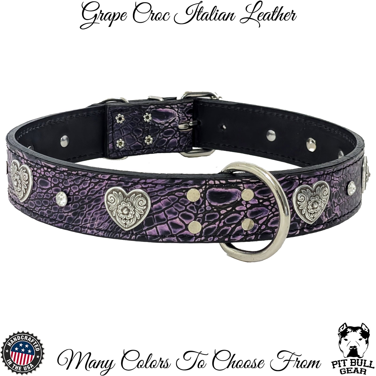 V28 - 1.5" Wide Leather Collar with Hearts & Gems