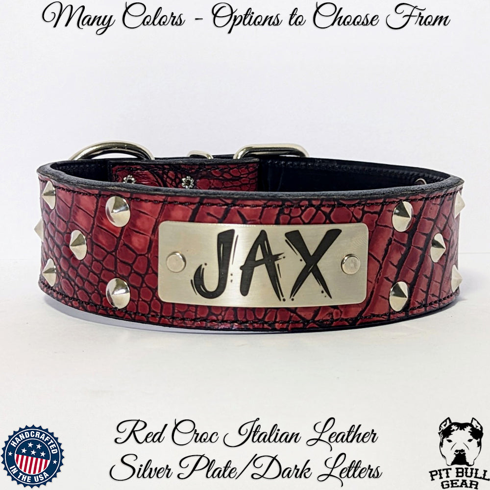 WN1 - Collar de cuero para perro de 2" de ancho con placa de identificación personalizada y tachuelas cónicas