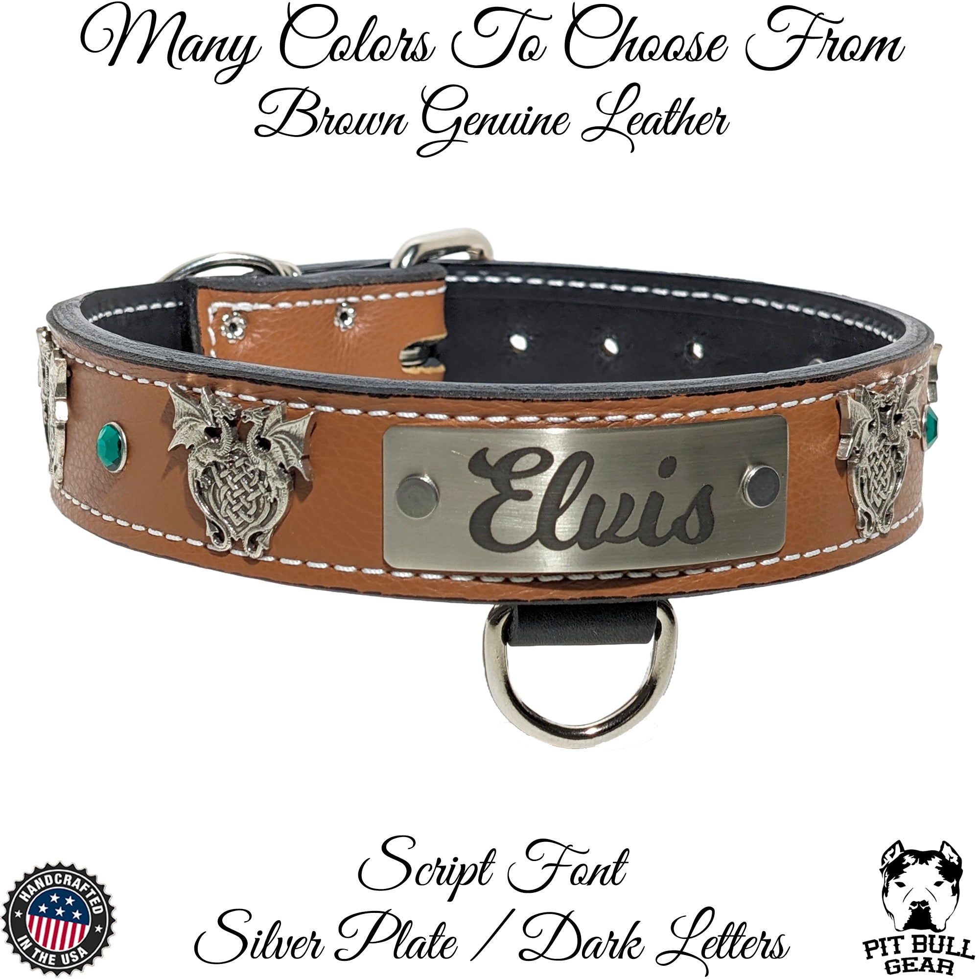 Personalized Leather Dog Collar with Dragons Gems 1.5 Wide V30 Pit Bull Gear