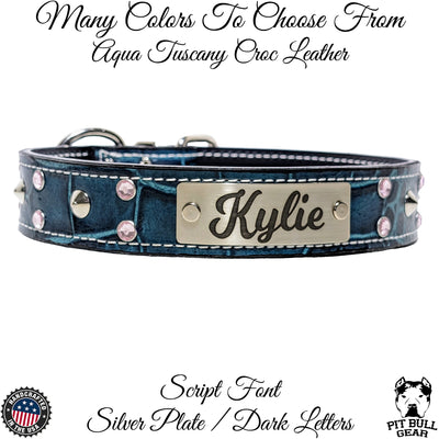 V36 - 1.5" leather Dog Collar with Name Plate Studs & Gems