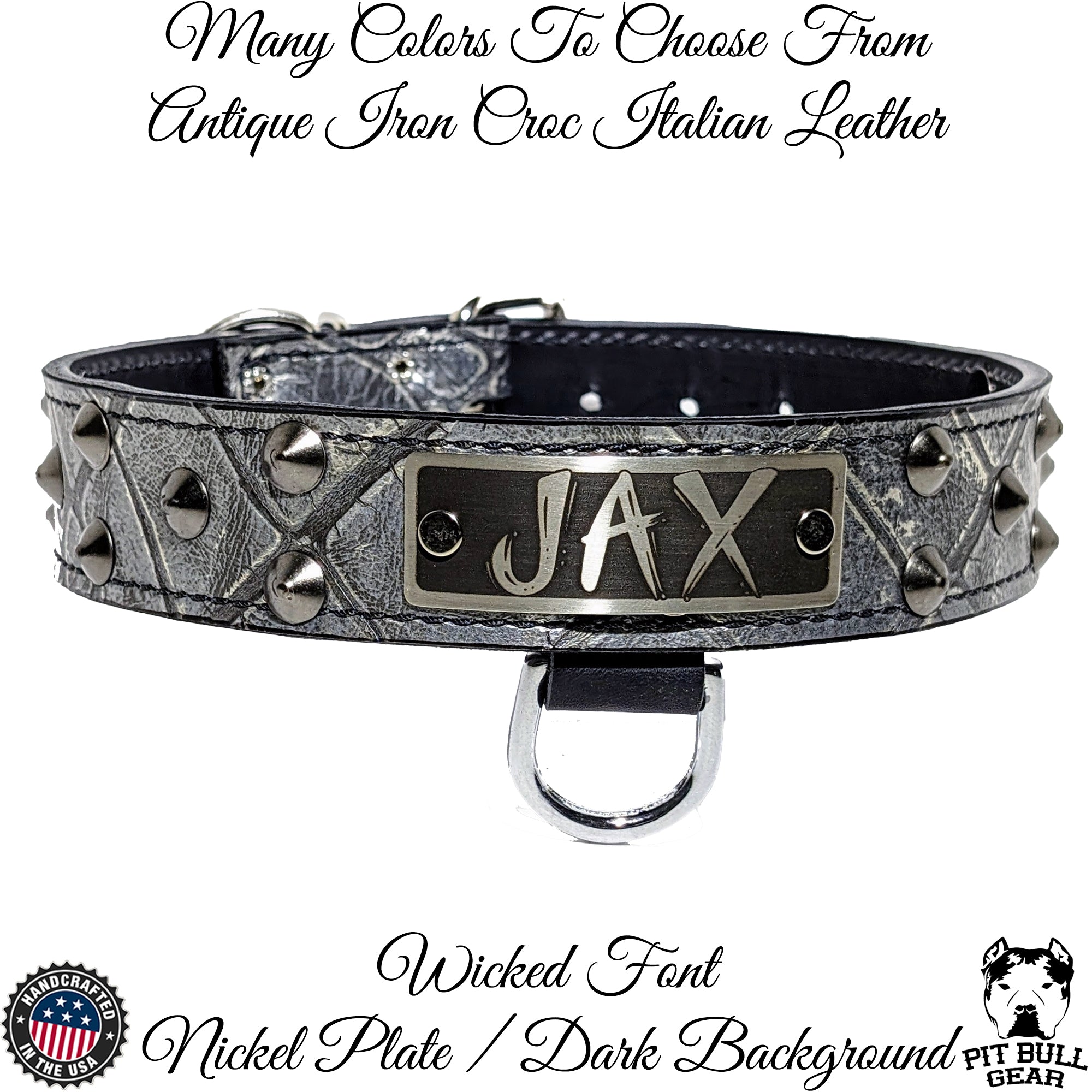 VN1 - 1.5" Wide Leather Dog Collar with Name Plate & Cone Studs