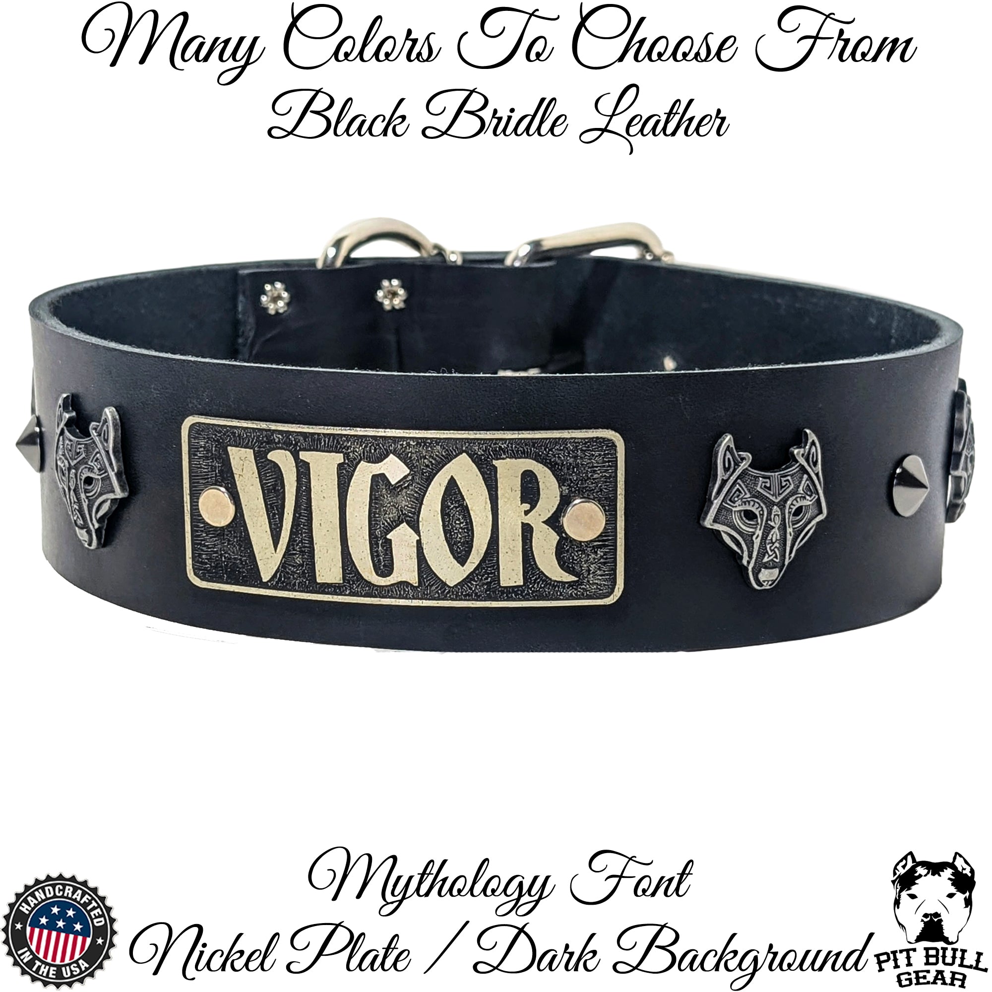 W4 - 2" Wide Viking Wolf Personalized Leather Dog Collar