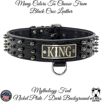 W52 - 2" Wide Spiked Leather Dog Collar Personalized Name Plate