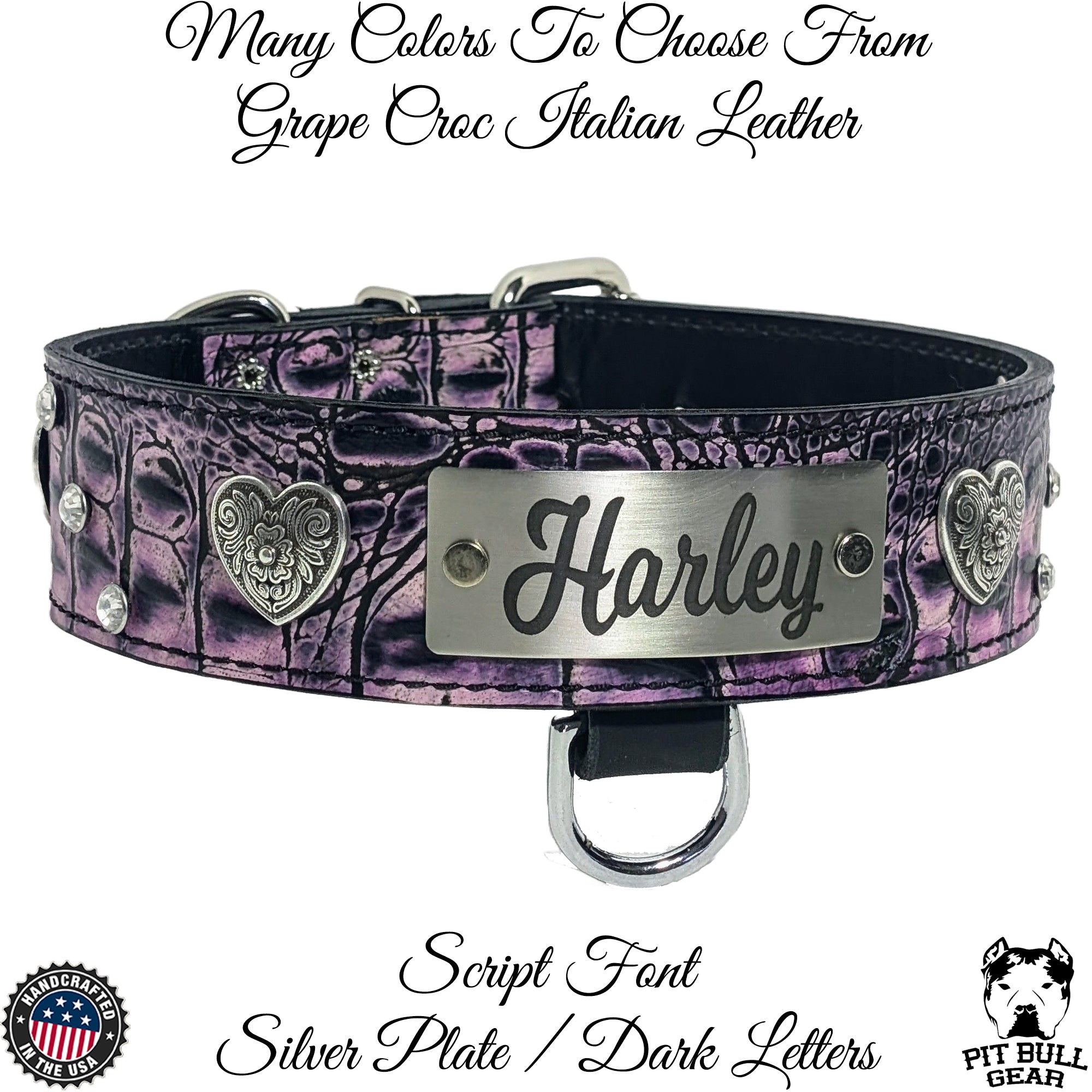 WN37 - 2" Wide Personalized Leather Dog Collar with Hearts & Gems