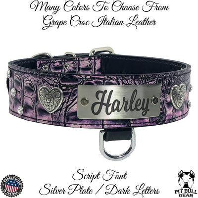 Collar de cuero personalizado para perros, collar con corazones y gemas de 2" de ancho - WN37