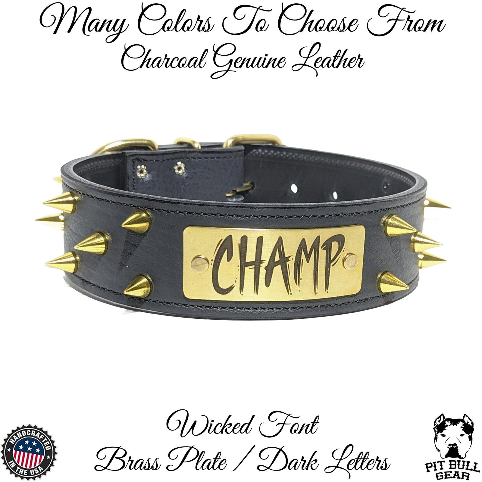 WN9 - 2" Wide Spiked Leather Dog Collar with Personalized Name Plate