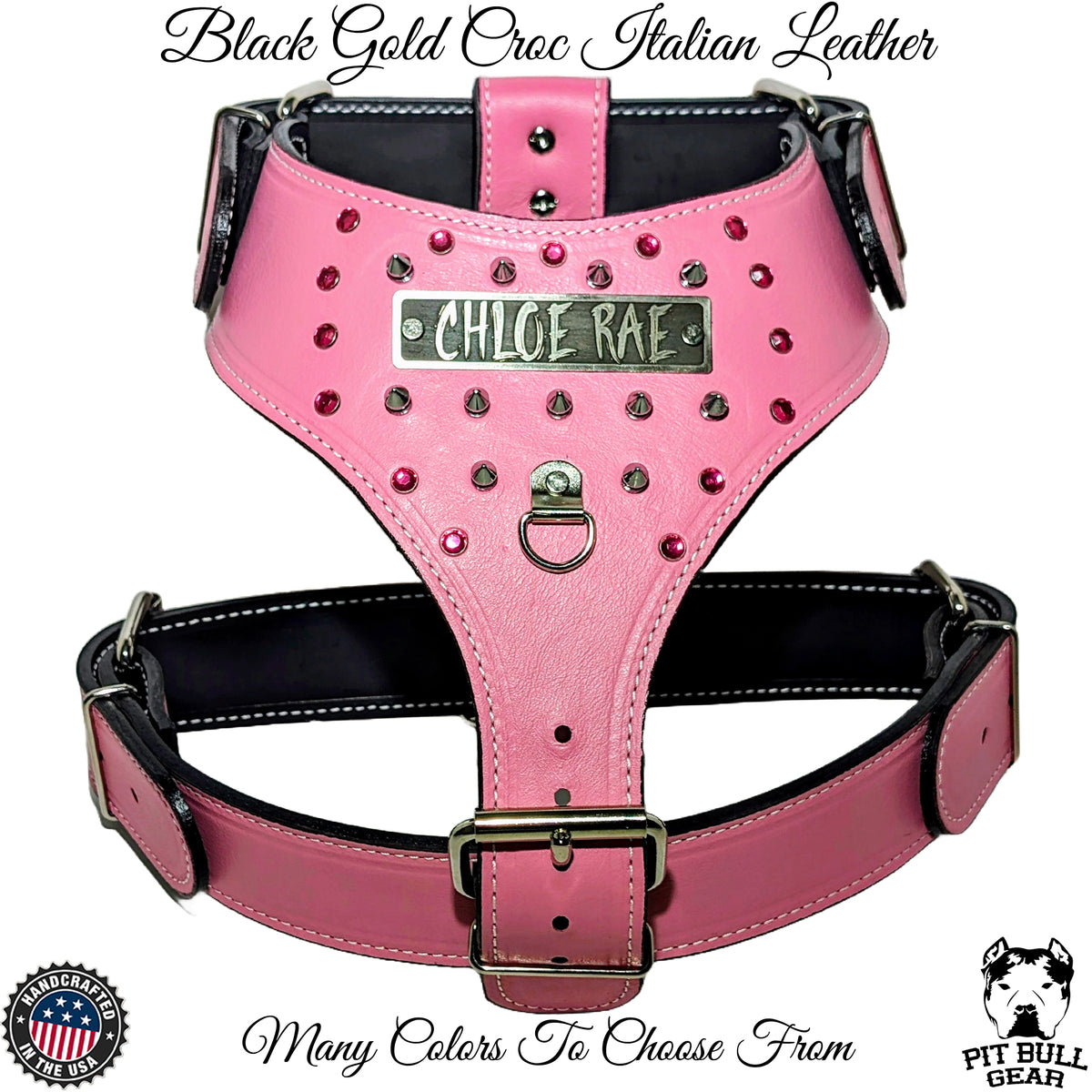 NH6 - Leather Dog Harness Personalized Name Plate Gems &amp; Spikes