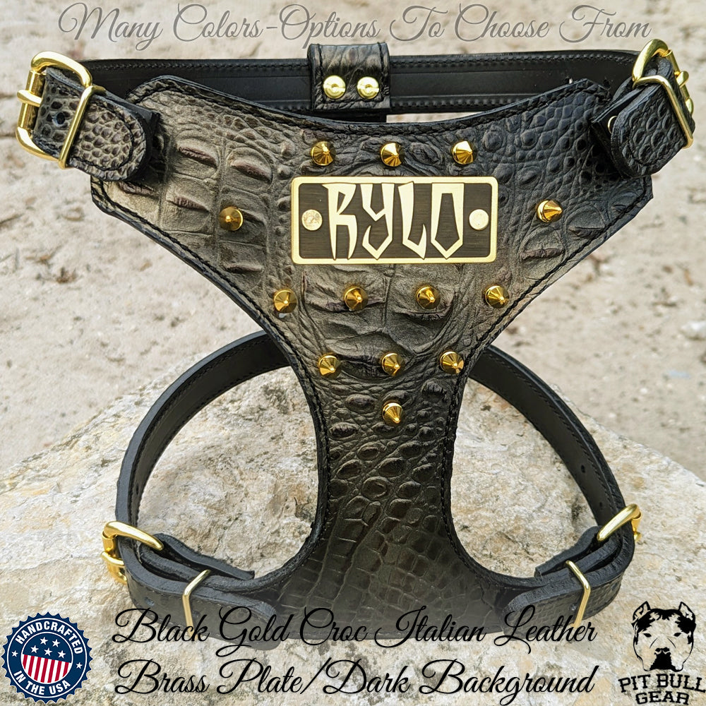 French Bulldog Leather Harness, Spiked Harness, Name Plate -  FBH3