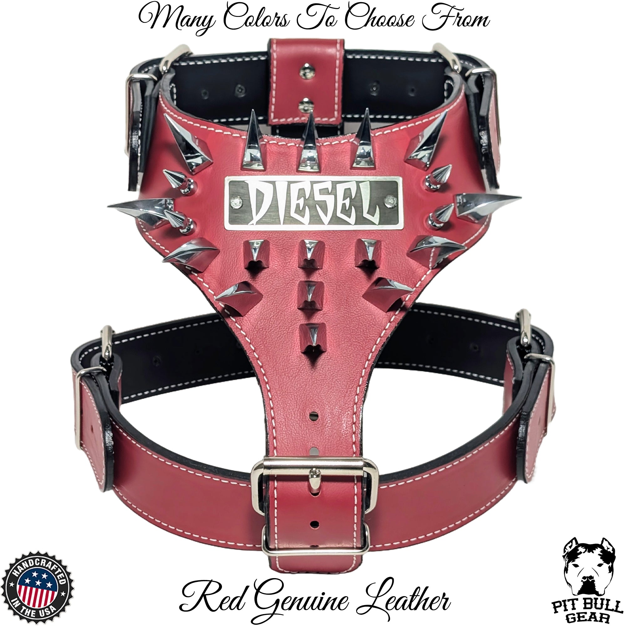 NH17 - Spiked Leather Dog Harness Personalized Name Plate