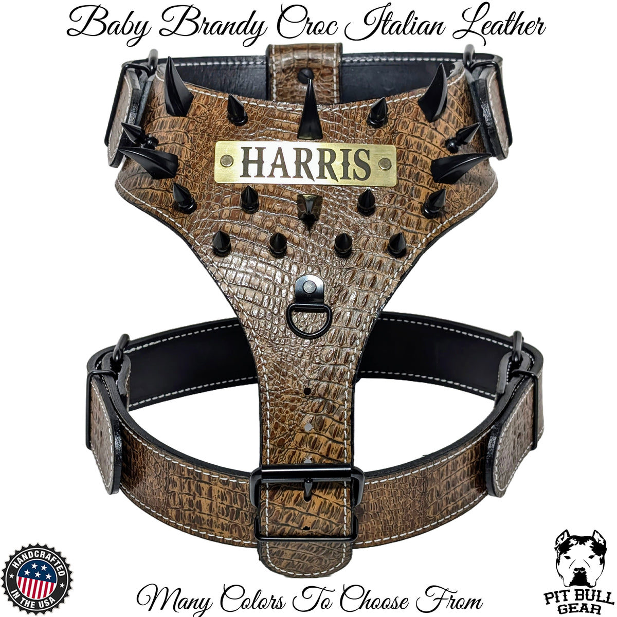 Y04 - Spiked Leather Dog harness with Name Plate