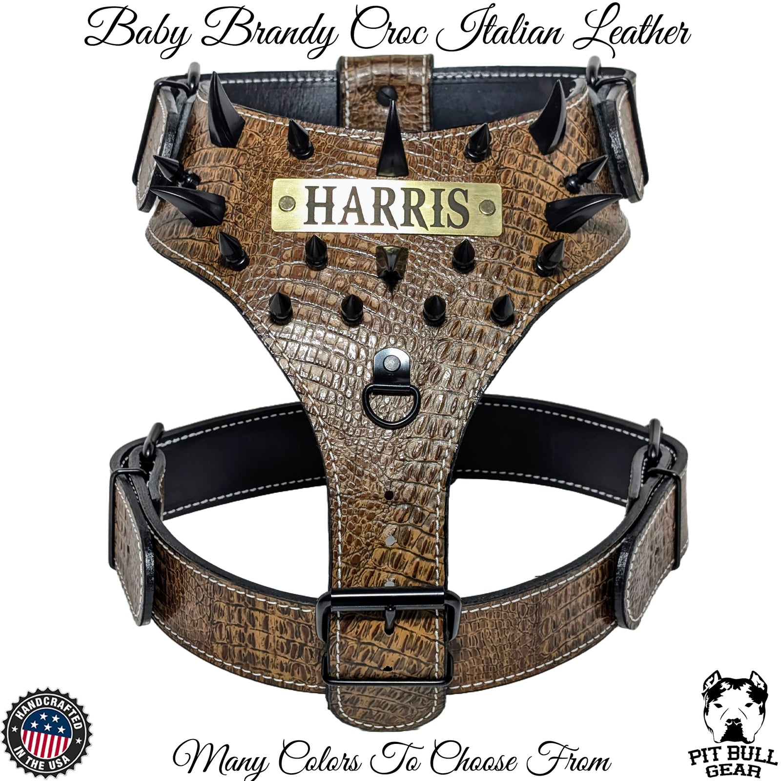 Y04 - Spiked Leather Dog Harness with Name Plate