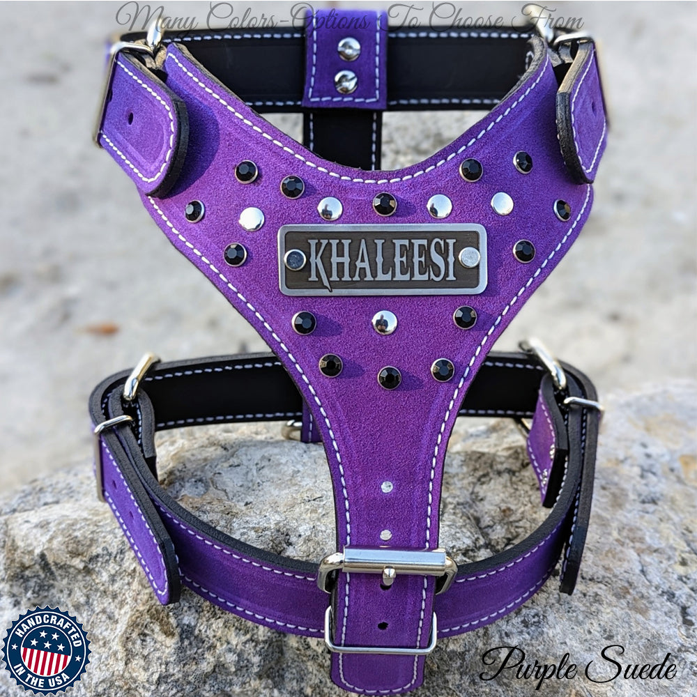 Y01 - Personalized Leather Dog Harness with Gems & Rivets