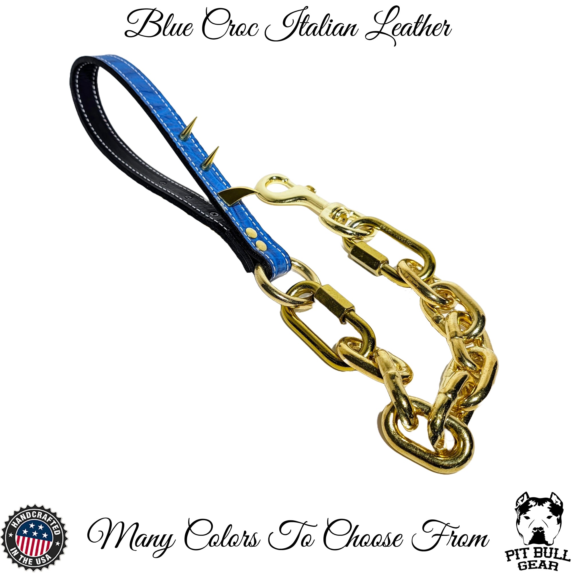 Super Heavy Gold Chain Dog Leash with Spiked Leather Handle - 30"