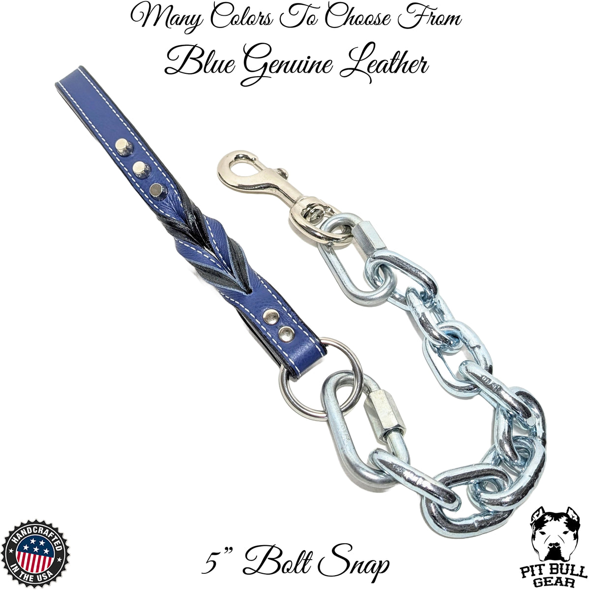 Super Heavy Chain Dog Lead, 1&quot; Wide Leather Handle, Bucket Studs - 30&quot;